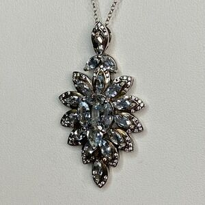 Stunning Aquamarine & White Zircon Marquise Pendant Necklace Sterling Silver 6CT